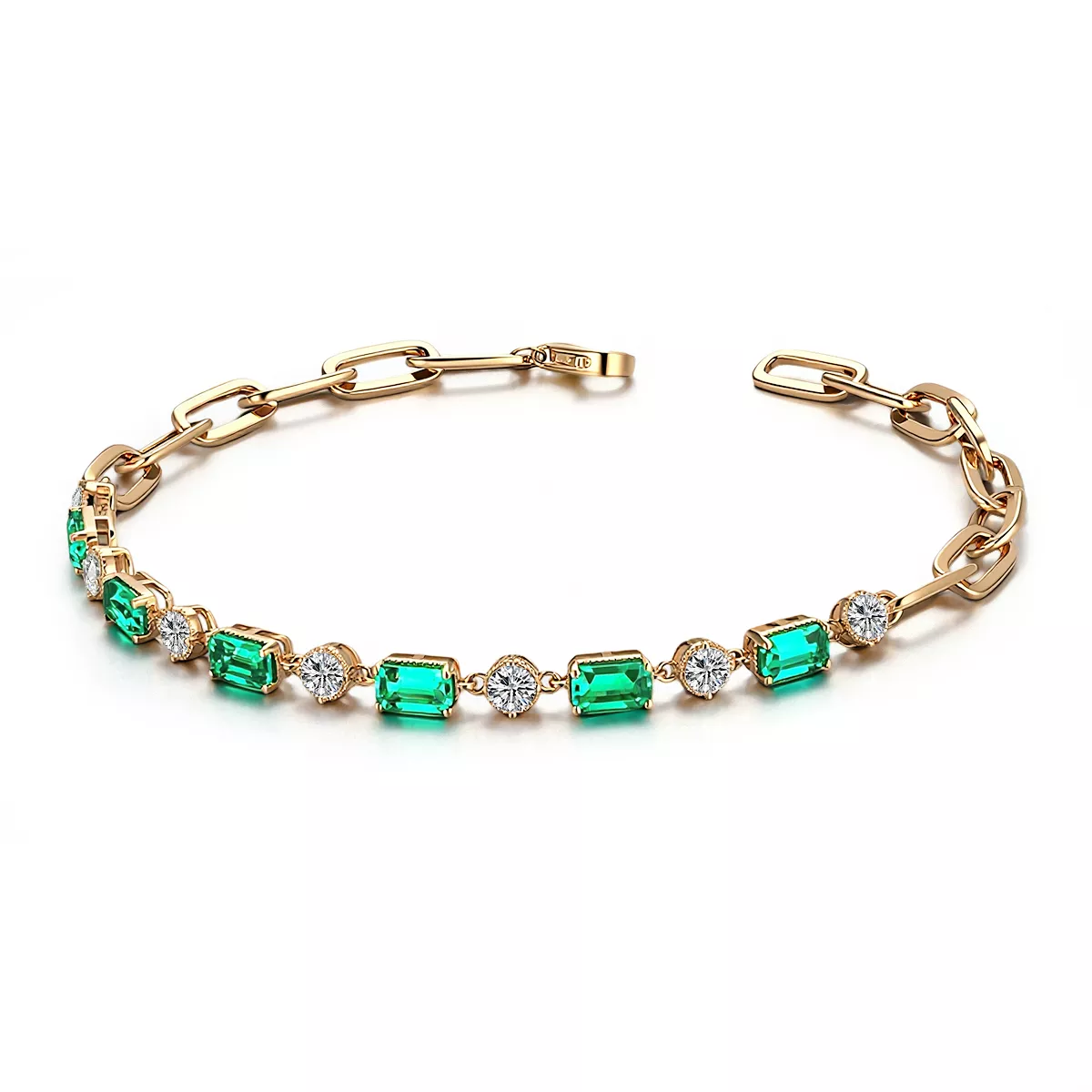 1-8-4 2.7ctw Emerald Cut Lab Emerald Bracelet with Sparkling Round Moissanite Accent - Image 1