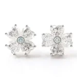 *Four Leaf Clover Heart Moissanite Stud Earrings with Aquamarine Center