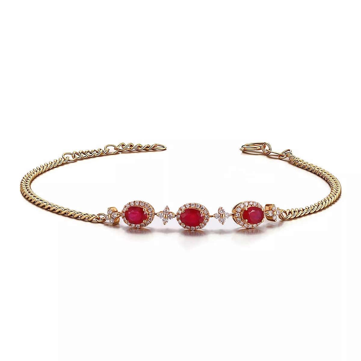 1-9-3 Ruby Triad Bracelet | 18K Yellow Gold Ruby & Diamond Floral Links - Image 1