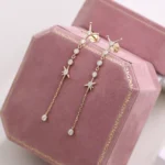 Long Linear Round Cut Moissanite Drop Earrings with Star Motifs - Image 3
