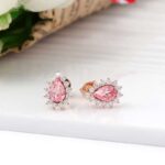 *Exquisite Rose Gold Pear Cut Padparadscha Pink Lab Gemstone Stud Earrings - Image 4
