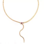 Serpent Lariat Necklace | 18K Gold Snake Necklace with Ruby Eye & Diamond Scales​ - Image 2