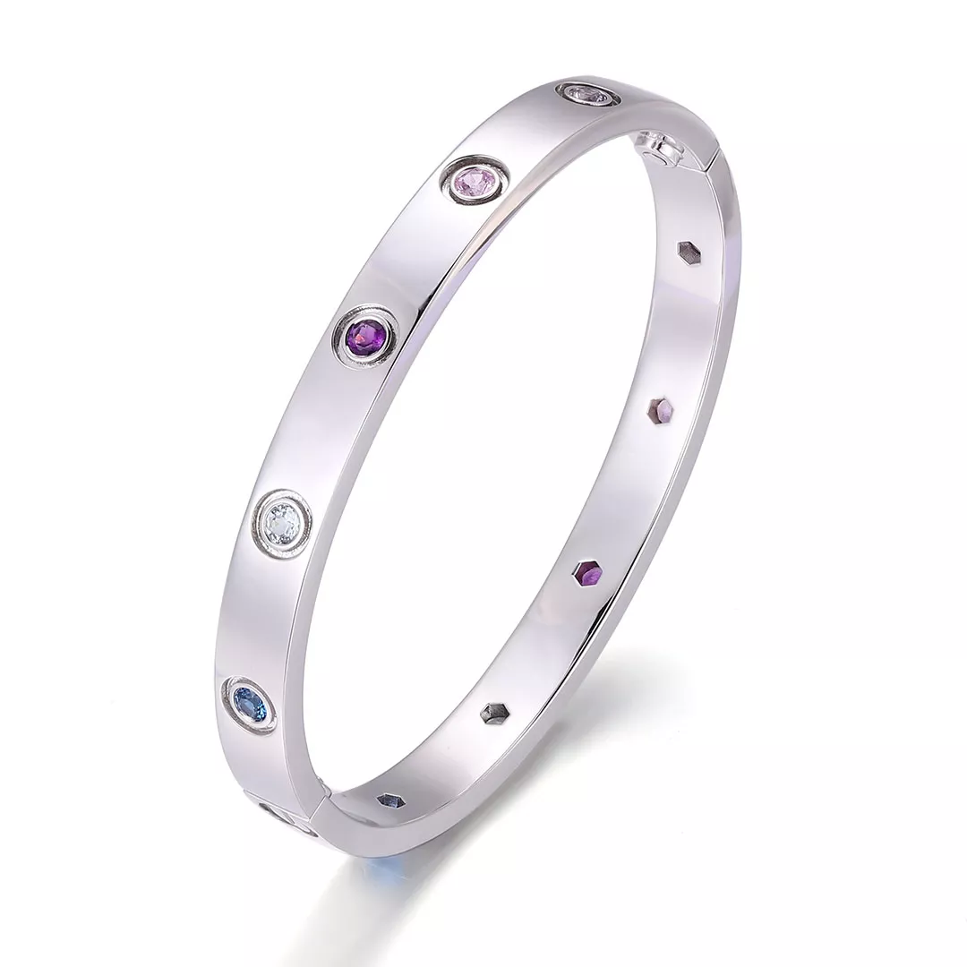 3-24 *Round Cut Lab Gemstone Bangle Bracelet Modern Flush Set Style - Image 1
