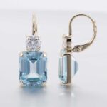**Yellow Gold Emerald Cut Blue Lab Gemstone Drop Earrings - Image 2