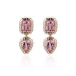 *Pink Lab Gemstone Cushion and Pear Drop Earrings with Scalloped Bezel