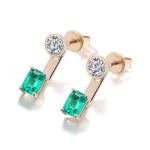 Two Stone:Yellow Gold Round And Emerald Cut Lab Gemstone Drop Earrings