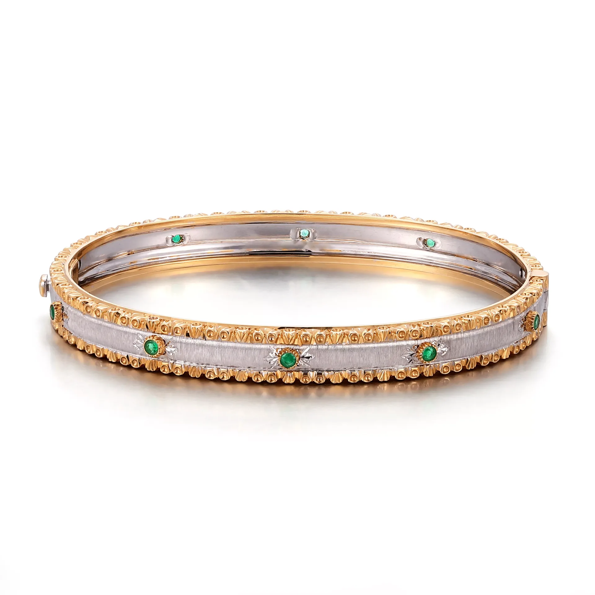 4-scaled-2 Dual-Tone Emerald Bracelet | Round-Cut Emeralds in 18K Yellow & White Gold - Image 1
