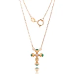 Dainty Emerald and Diamond Cross Necklace in 18k Yellow Gold(Small-size version)