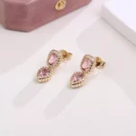*Pink Lab Gemstone Cushion and Pear Drop Earrings with Scalloped Bezel - Image 4