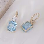 **Yellow Gold Emerald Cut Blue Lab Gemstone Drop Earrings - Image 6