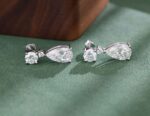 *Two Stone:White Gold Round Cut and Pear Cut Moissanite Drop Earrings - Image 7