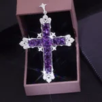 Ornate Princess Cut Purple Lab Gemstone Cross Pendant with Moissanite Accents(pendant only)) - Image 4