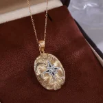 Round Cut Diamond Pendant Necklace Vintage Oval Starburst Locket Motif