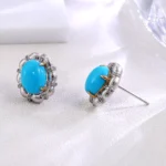 Turquoise Studs Earring | 18K White Gold Earrings with Diamond & Turquoise Gem - Image 2