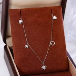 Round Cut Diamond Necklace Celestial Star Moon Station Style