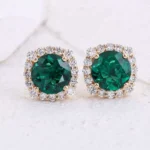 *Gorgeous Yellow Gold Round Cut Green Lab Gemstone Halo Stud Earrings - Image 2