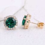*Gorgeous Yellow Gold Round Cut Green Lab Gemstone Halo Stud Earrings - Image 3