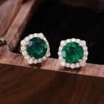 *Gorgeous Yellow Gold Round Cut Green Lab Gemstone Halo Stud Earrings - Image 7