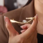 *Modern Sculptural Pear Cut Moissanite Solitaire Open Cuff Bangle Bracelet - Image 5