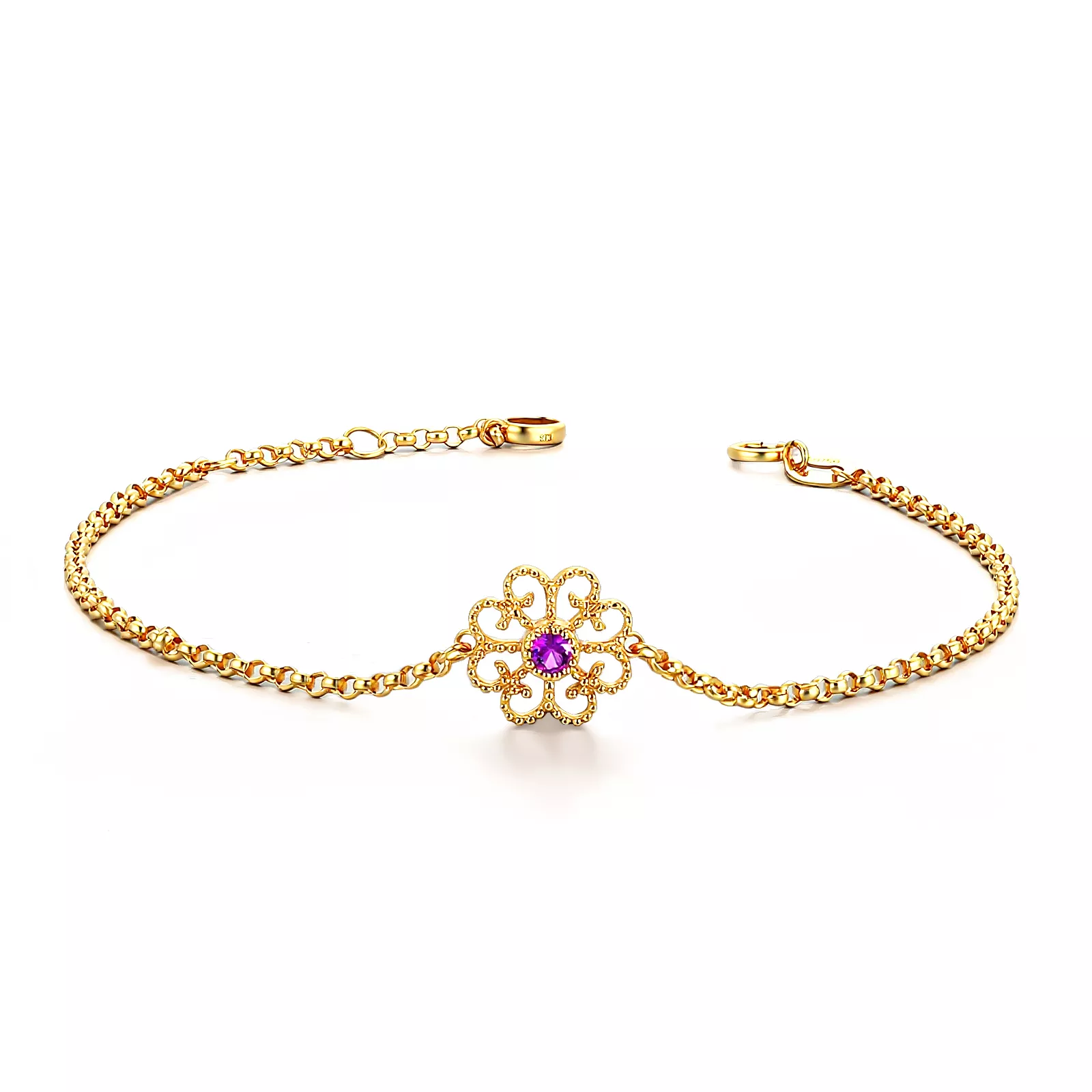 IMG_2592 18k Yellow Gold Vintage Filigree Flower Bracelet with Pink Sapphire - Image 1