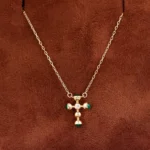 Dainty Emerald and Diamond Cross Necklace in 18k Yellow Gold(Small-size version) - Image 3