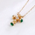 Dainty Emerald and Diamond Cross Necklace in 18k Yellow Gold(Small-size version) - Image 4