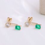 *Two Stone:Yellow Gold Round And Emerald Cut Lab Gemstone Drop Earrings - Image 6