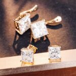 *Alluring Yellow Gold Double Princess Cut Moissanite Stud Earrings - Image 9