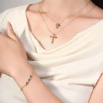 Dainty Emerald and Diamond Cross Necklace in 18k Yellow Gold(Small-size version) - Image 6