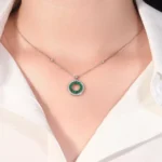 Emerald and Diamond Halo Circle of Life Necklace | 18k White Gold Station Chain - Image 4