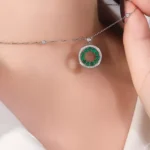 Emerald and Diamond Halo Circle of Life Necklace | 18k White Gold Station Chain - Image 6