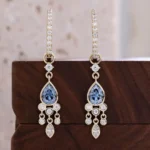*Dazzling Yellow Gold Pear Cut Blue Lab Gemstone Drop Earrings - Image 6