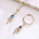 *Dazzling Yellow Gold Pear Cut Blue Lab Gemstone Drop Earrings - Image 3