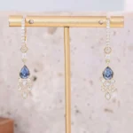 *Dazzling Yellow Gold Pear Cut Blue Lab Gemstone Drop Earrings - Image 4