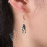 *Dazzling Yellow Gold Pear Cut Blue Lab Gemstone Drop Earrings - Image 7