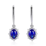 Oval Cut Lab Sapphire Earrings with Round Cut Moissanite Accent Halo Setting