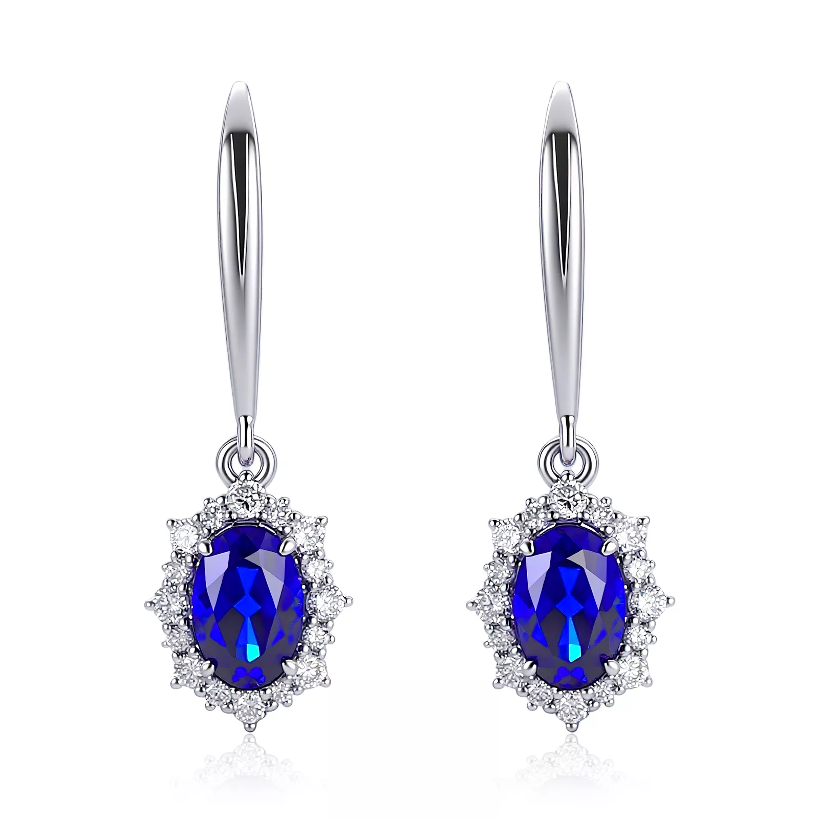 IMG_6903 Oval Cut Lab Sapphire Earrings with Round Cut Moissanite Accent Halo Setting - Image 1