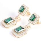 *Magnificent Emerald Cut Zambia Colored Lab Gemstone Yellow Gold Drop Earrings - Image 4