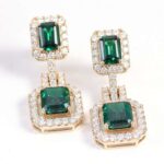 *Magnificent Emerald Cut Zambia Colored Lab Gemstone Yellow Gold Drop Earrings - Image 3