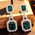*Magnificent Emerald Cut Zambia Colored Lab Gemstone Yellow Gold Drop Earrings - Image 8