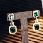 *Magnificent Emerald Cut Zambia Colored Lab Gemstone Yellow Gold Drop Earrings - Image 9