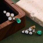**Yellow Gold Round Cut Lab Green Gemstone cluster Drop Earrings - Image 8