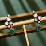 **Yellow Gold Round Cut Lab Green Gemstone cluster Drop Earrings - Image 5