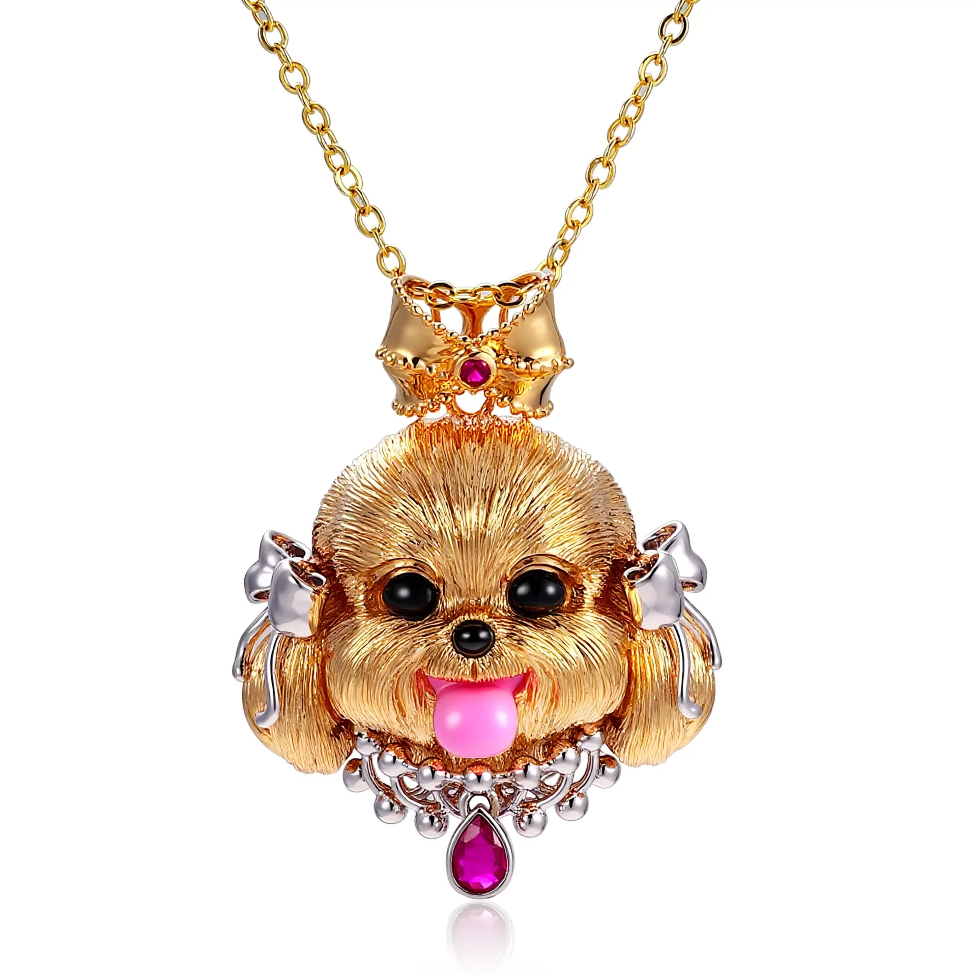 IMG_8577-scaled-1 18K Yellow Gold Ruby Dog Pendant | Bow-Crowned Dog-shaped Charm (Pendant Only) - Image 1