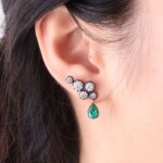 **Yellow Gold Round Cut Lab Green Gemstone cluster Drop Earrings - Image 9