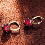 Charming Yellow Gold Heart Cut Red Lab Gemstone Drop Earrings