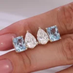 *Blue Radiant and Pear Cut Moissanite Toi et Moi Stud Earrings - Image 4