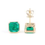 Elegant Yellow Gold Asscher Cut Green Lab Gemstone Stud Earrings